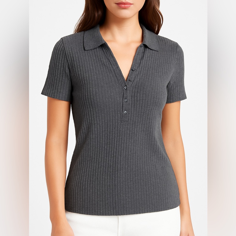 Athleta Ribbed Collared Button Front Top Size Med… - image 1
